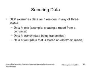 © Cengage Learning 2015
Securing Data
• DLP examines data as it resides in any of three
states:
– Data in use (example: creating a report from a
computer)
– Data in-transit (data being transmitted)
– Data at rest (data that is stored on electronic media)
CompTIA Security+ Guide to Network Security Fundamentals,
Fifth Edition
46
 