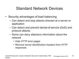 © Cengage Learning 2015
Standard Network Devices
• Security advantages of load balancing
– Can detect and stop attacks directed at a server or
application
– Can detect and prevent denial-of-service (DoS) and
protocol attacks
– Some can deny attackers information about the
network
• Hide HTTP error pages
• Remove server identification headers from HTTP
responses
CompTIA Security+ Guide to Network Security Fundamentals, Fifth
Edition
15
 