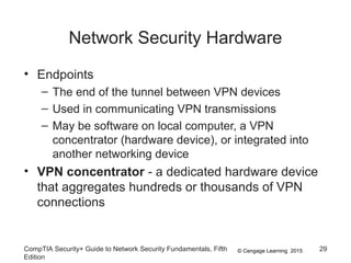 © Cengage Learning 2015
Network Security Hardware
• Endpoints
– The end of the tunnel between VPN devices
– Used in communicating VPN transmissions
– May be software on local computer, a VPN
concentrator (hardware device), or integrated into
another networking device
• VPN concentrator - a dedicated hardware device
that aggregates hundreds or thousands of VPN
connections
CompTIA Security+ Guide to Network Security Fundamentals, Fifth
Edition
29
 