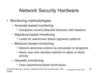 © Cengage Learning 2015
Network Security Hardware
• Monitoring methodologies
– Anomaly-based monitoring
• Compares current detected behavior with baseline
– Signature-based monitoring
• Looks for well-known attack signature patterns
– Behavior-based monitoring
• Detects abnormal actions by processes or programs
• Alerts user who decides whether to allow or block
activity
– Heuristic monitoring
• Uses experience-based techniques
CompTIA Security+ Guide to Network Security Fundamentals, Fifth
Edition
35
 