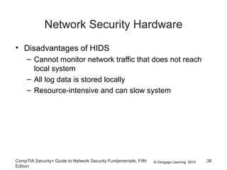 © Cengage Learning 2015
Network Security Hardware
• Disadvantages of HIDS
– Cannot monitor network traffic that does not reach
local system
– All log data is stored locally
– Resource-intensive and can slow system
CompTIA Security+ Guide to Network Security Fundamentals, Fifth
Edition
38
 