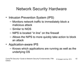 © Cengage Learning 2015
Network Security Hardware
• Intrusion Prevention System (IPS)
– Monitors network traffic to immediately block a
malicious attack
– Similar to NIDS
– NIPS is located “in line” on the firewall
– Allows the NIPS to more quickly take action to block
an attack
• Application-aware IPS
– Knows which applications are running as well as the
underlying OS
CompTIA Security+ Guide to Network Security Fundamentals, Fifth
Edition
42
 