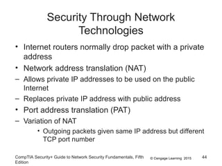 © Cengage Learning 2015
Security Through Network
Technologies
• Internet routers normally drop packet with a private
address
• Network address translation (NAT)
– Allows private IP addresses to be used on the public
Internet
– Replaces private IP address with public address
• Port address translation (PAT)
– Variation of NAT
• Outgoing packets given same IP address but different
TCP port number
CompTIA Security+ Guide to Network Security Fundamentals, Fifth
Edition
44
 