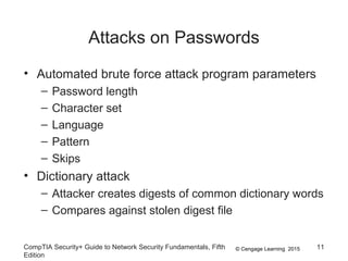 © Cengage Learning 2015
Attacks on Passwords
• Automated brute force attack program parameters
– Password length
– Character set
– Language
– Pattern
– Skips
• Dictionary attack
– Attacker creates digests of common dictionary words
– Compares against stolen digest file
CompTIA Security+ Guide to Network Security Fundamentals, Fifth
Edition
11
 