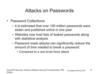 © Cengage Learning 2015
Attacks on Passwords
• Password Collections
– It is estimated that over 100 million passwords were
stolen and published online in one year
– Websites now host lists of leaked passwords along
with statistical analysis
– Password mask attacks can significantly reduce the
amount of time needed to break a password
• Compared to a raw brute force attack
CompTIA Security+ Guide to Network Security Fundamentals, Fifth
Edition
17
 