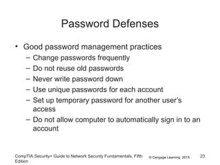 © Cengage Learning 2015
Password Defenses
• Good password management practices
– Change passwords frequently
– Do not reuse old passwords
– Never write password down
– Use unique passwords for each account
– Set up temporary password for another user’s
access
– Do not allow computer to automatically sign in to an
account
CompTIA Security+ Guide to Network Security Fundamentals, Fifth
Edition
23
 