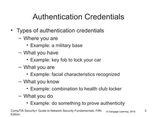 © Cengage Learning 2015
Authentication Credentials
• Types of authentication credentials
– Where you are
• Example: a military base
– What you have
• Example: key fob to lock your car
– What you are
• Example: facial characteristics recognized
– What you know
• Example: combination to health club locker
– What you do
• Example: do something to prove authenticity
CompTIA Security+ Guide to Network Security Fundamentals, Fifth
Edition
3
 