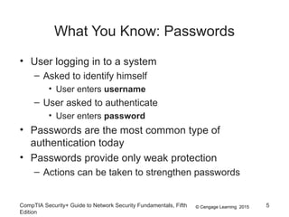© Cengage Learning 2015
What You Know: Passwords
• User logging in to a system
– Asked to identify himself
• User enters username
– User asked to authenticate
• User enters password
• Passwords are the most common type of
authentication today
• Passwords provide only weak protection
– Actions can be taken to strengthen passwords
CompTIA Security+ Guide to Network Security Fundamentals, Fifth
Edition
5
 