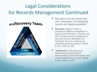 Legal Considerations
for Records Management Continued
 Managers must be certain that
their companies’ recordkeeping
systems are legally acceptable
 Discovery happens “when a
company is subject to litigation or a
lawsuit, all information, records, and
other evidence that are relevant to
the case must be identified and
retrieved. These procedures are
called the discovery process” (Read
& Ginn, 2015, p. 28).
 “E-discovery is the process of
identifying and providing all
electronically stored information and
records relevant to the case” (Read
& Ginn, 2015, p. 28).
13
 