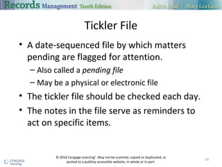 Tickler File
• A date-sequenced file by which matters
pending are flagged for attention.
– Also called a pending file
– May be a physical or electronic file
• The tickler file should be checked each day.
• The notes in the file serve as reminders to
act on specific items.
19
© 2016 Cengage Learning®
. May not be scanned, copied or duplicated, or
posted to a publicly accessible website, in whole or in part.
 