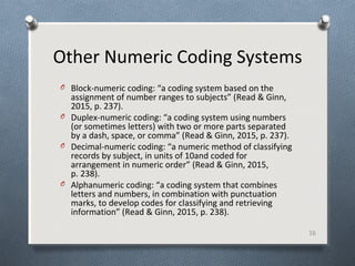 Other Numeric Coding Systems
O Block-numeric coding: “a coding system based on the
assignment of number ranges to subjects” (Read & Ginn,
2015, p. 237).
O Duplex-numeric coding: “a coding system using numbers
(or sometimes letters) with two or more parts separated
by a dash, space, or comma” (Read & Ginn, 2015, p. 237).
O Decimal-numeric coding: “a numeric method of classifying
records by subject, in units of 10and coded for
arrangement in numeric order” (Read & Ginn, 2015,
p. 238).
O Alphanumeric coding: “a coding system that combines
letters and numbers, in combination with punctuation
marks, to develop codes for classifying and retrieving
information” (Read & Ginn, 2015, p. 238).
16
 