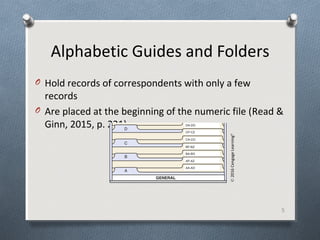 Alphabetic Guides and Folders
O Hold records of correspondents with only a few
records
O Are placed at the beginning of the numeric file (Read &
Ginn, 2015, p. 221).
5
©2016CengageLearning®
 