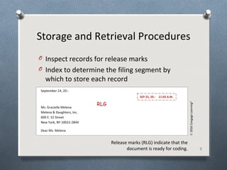 Storage and Retrieval Procedures
O Inspect records for release marks
O Index to determine the filing segment by
which to store each record
8
Release marks (RLG) indicate that the
document is ready for coding.
©2016CengageLearning®
 
