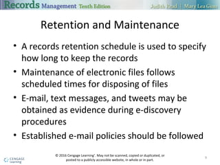Retention and Maintenance
 A records retention schedule is used to specify how long to keep the
records
 Maintenance of electronic files follows scheduled times for disposing of files
 E-mail, text messages, and tweets may be obtained as evidence during e-
discovery procedures
 Established e-mail policies should be followed
9
 