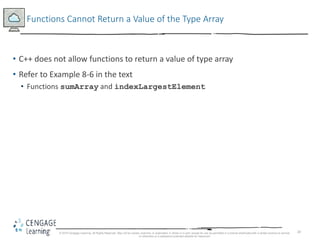 20
Functions Cannot Return a Value of the Type Array
• C++ does not allow functions to return a value of type array
• Refer to Example 8-6 in the text
• Functions sumArray and indexLargestElement
© 2018 Cengage Learning. All Rights Reserved. May not be copied, scanned, or duplicated, in whole or in part, except for use as permitted in a license distributed with a certain product or service
or otherwise on a password-protected website for classroom
 