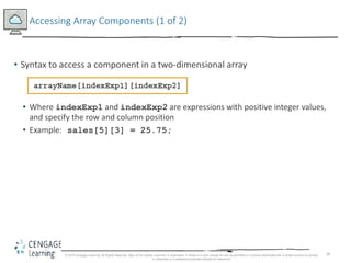 38
Accessing Array Components (1 of 2)
• Syntax to access a component in a two-dimensional array
• Where indexExp1 and indexExp2 are expressions with positive integer values,
and specify the row and column position
• Example: sales[5][3] = 25.75;
© 2018 Cengage Learning. All Rights Reserved. May not be copied, scanned, or duplicated, in whole or in part, except for use as permitted in a license distributed with a certain product or service
or otherwise on a password-protected website for classroom
 