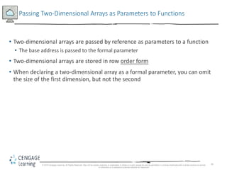 49
Passing Two-Dimensional Arrays as Parameters to Functions
• Two-dimensional arrays are passed by reference as parameters to a function
• The base address is passed to the formal parameter
• Two-dimensional arrays are stored in row order form
• When declaring a two-dimensional array as a formal parameter, you can omit
the size of the first dimension, but not the second
© 2018 Cengage Learning. All Rights Reserved. May not be copied, scanned, or duplicated, in whole or in part, except for use as permitted in a license distributed with a certain product or service
or otherwise on a password-protected website for classroom
 