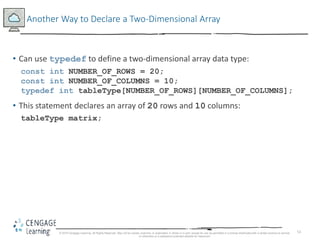 53
Another Way to Declare a Two-Dimensional Array
• Can use typedef to define a two-dimensional array data type:
const int NUMBER_OF_ROWS = 20;
const int NUMBER_OF_COLUMNS = 10;
typedef int tableType[NUMBER_OF_ROWS][NUMBER_OF_COLUMNS];
• This statement declares an array of 20 rows and 10 columns:
tableType matrix;
© 2018 Cengage Learning. All Rights Reserved. May not be copied, scanned, or duplicated, in whole or in part, except for use as permitted in a license distributed with a certain product or service
or otherwise on a password-protected website for classroom
 