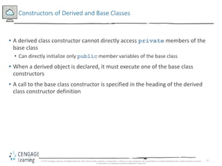13
Constructors of Derived and Base Classes
• A derived class constructor cannot directly access private members of the
base class
• Can directly initialize only public member variables of the base class
• When a derived object is declared, it must execute one of the base class
constructors
• A call to the base class constructor is specified in the heading of the derived
class constructor definition
© 2018 Cengage Learning. All Rights Reserved. May not be copied, scanned, or duplicated, in whole or in part, except for use as permitted in a license distributed with a certain product or service
or otherwise on a password-protected website for classroom
 