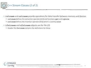 18
C++ Stream Classes (2 of 2)
• istream and ostream provide operations for data transfer between memory and devices
• istream defines the extraction operator (>>) and functions get and ignore
• ostream defines the insertion operator (<<) which is used by cout
• ifstream and ofstream objects are for file I/O
• Header file fstream contains the definitions for these
© 2018 Cengage Learning. All Rights Reserved. May not be copied, scanned, or duplicated, in whole or in part, except for use as permitted in a license distributed with a certain product or service
or otherwise on a password-protected website for classroom
 