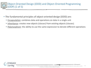25
Object-Oriented Design (OOD) and Object-Oriented Programming
(OOP) (1 of 5)
• The fundamental principles of object-oriented design (OOD) are:
• Encapsulation: combines data and operations on data in a single unit
• Inheritance: creates new objects (classes) from existing objects (classes)
• Polymorphism: the ability to use the same expression to denote different operations
© 2018 Cengage Learning. All Rights Reserved. May not be copied, scanned, or duplicated, in whole or in part, except for use as permitted in a license distributed with a certain product or service
or otherwise on a password-protected website for classroom
 