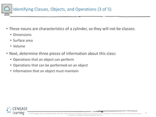 32
Identifying Classes, Objects, and Operations (3 of 5)
• These nouns are characteristics of a cylinder, so they will not be classes:
• Dimensions
• Surface area
• Volume
• Next, determine three pieces of information about this class:
• Operations that an object can perform
• Operations that can be performed on an object
• Information that an object must maintain
© 2018 Cengage Learning. All Rights Reserved. May not be copied, scanned, or duplicated, in whole or in part, except for use as permitted in a license distributed with a certain product or service
or otherwise on a password-protected website for classroom
 