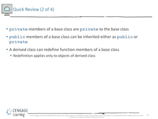 36
Quick Review (2 of 4)
• private members of a base class are private to the base class
• public members of a base class can be inherited either as public or
private
• A derived class can redefine function members of a base class
• Redefinition applies only to objects of derived class
© 2018 Cengage Learning. All Rights Reserved. May not be copied, scanned, or duplicated, in whole or in part, except for use as permitted in a license distributed with a certain product or service
or otherwise on a password-protected website for classroom
 