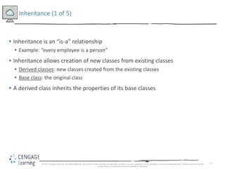 5
Inheritance (1 of 5)
• Inheritance is an “is-a” relationship
• Example: “every employee is a person”
• Inheritance allows creation of new classes from existing classes
• Derived classes: new classes created from the existing classes
• Base class: the original class
• A derived class inherits the properties of its base classes
© 2018 Cengage Learning. All Rights Reserved. May not be copied, scanned, or duplicated, in whole or in part, except for use as permitted in a license distributed with a certain product or service
or otherwise on a password-protected website for classroom
 