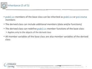 9
Inheritance (5 of 5)
• public members of the base class can be inherited as public or private
members
• The derived class can include additional members (data and/or functions)
• The derived class can redefine public member functions of the base class
• Applies only to the objects of the derived class
• All member variables of the base class are also member variables of the derived
class
© 2018 Cengage Learning. All Rights Reserved. May not be copied, scanned, or duplicated, in whole or in part, except for use as permitted in a license distributed with a certain product or service
or otherwise on a password-protected website for classroom
 