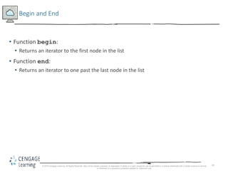 43
Begin and End
• Function begin:
• Returns an iterator to the first node in the list
• Function end:
• Returns an iterator to one past the last node in the list
© 2018 Cengage Learning. All Rights Reserved. May not be copied, scanned, or duplicated, in whole or in part, except for use as permitted in a license distributed with a certain product or service
or otherwise on a password-protected website for classroom use.
 