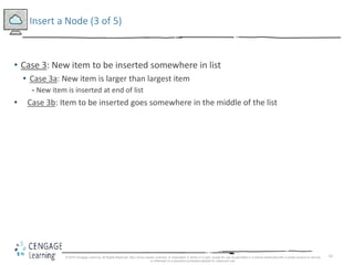 63
Insert a Node (3 of 5)
• Case 3: New item to be inserted somewhere in list
• Case 3a: New item is larger than largest item
- New item is inserted at end of list
• Case 3b: Item to be inserted goes somewhere in the middle of the list
© 2018 Cengage Learning. All Rights Reserved. May not be copied, scanned, or duplicated, in whole or in part, except for use as permitted in a license distributed with a certain product or service
or otherwise on a password-protected website for classroom use.
 