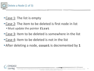 78
Delete a Node (1 of 3)
•Case 1: The list is empty
•Case 2: The item to be deleted is first node in list
• Must update the pointer first
•Case 3: Item to be deleted is somewhere in the list
•Case 4: Item to be deleted is not in the list
•After deleting a node, count is decremented by 1
© 2018 Cengage Learning. All Rights Reserved. May not be copied, scanned, or duplicated, in whole or in part, except for use as permitted in a license distributed with a certain product or service
or otherwise on a password-protected website for classroom use.
 