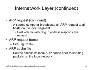 Internetwork Layer (continued) ARP request (continued) A source computer broadcasts an ARP request to all hosts on the local segment Host with the matching IP address responds this request ARP request frame See Figure 3-7 ARP cache life Source checks its local ARP cache prior to sending packets on the local network CCNA Guide to Cisco Networking Fundamentals 