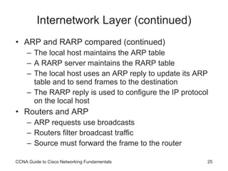 Internetwork Layer (continued) ARP and RARP compared (continued) The local host maintains the ARP table A RARP server maintains the RARP table The local host uses an ARP reply to update its ARP table and to send frames to the destination The RARP reply is used to configure the IP protocol on the local host Routers and ARP ARP requests use broadcasts Routers filter broadcast traffic Source must forward the frame to the router CCNA Guide to Cisco Networking Fundamentals 