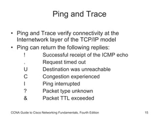 Ping and Trace Ping and Trace verify connectivity at the Internetwork layer of the TCP/IP model Ping can return the following replies: !   Successful receipt of the ICMP echo .   Request timed out U Destination was unreachable C Congestion experienced I Ping interrupted ? Packet type unknown & Packet TTL exceeded CCNA Guide to Cisco Networking Fundamentals, Fourth Edition 