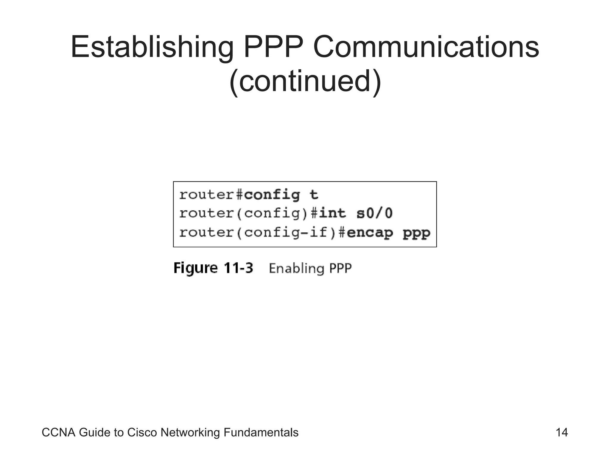 Establishing PPP Communications (continued) CCNA Guide to Cisco Networking Fundamentals 