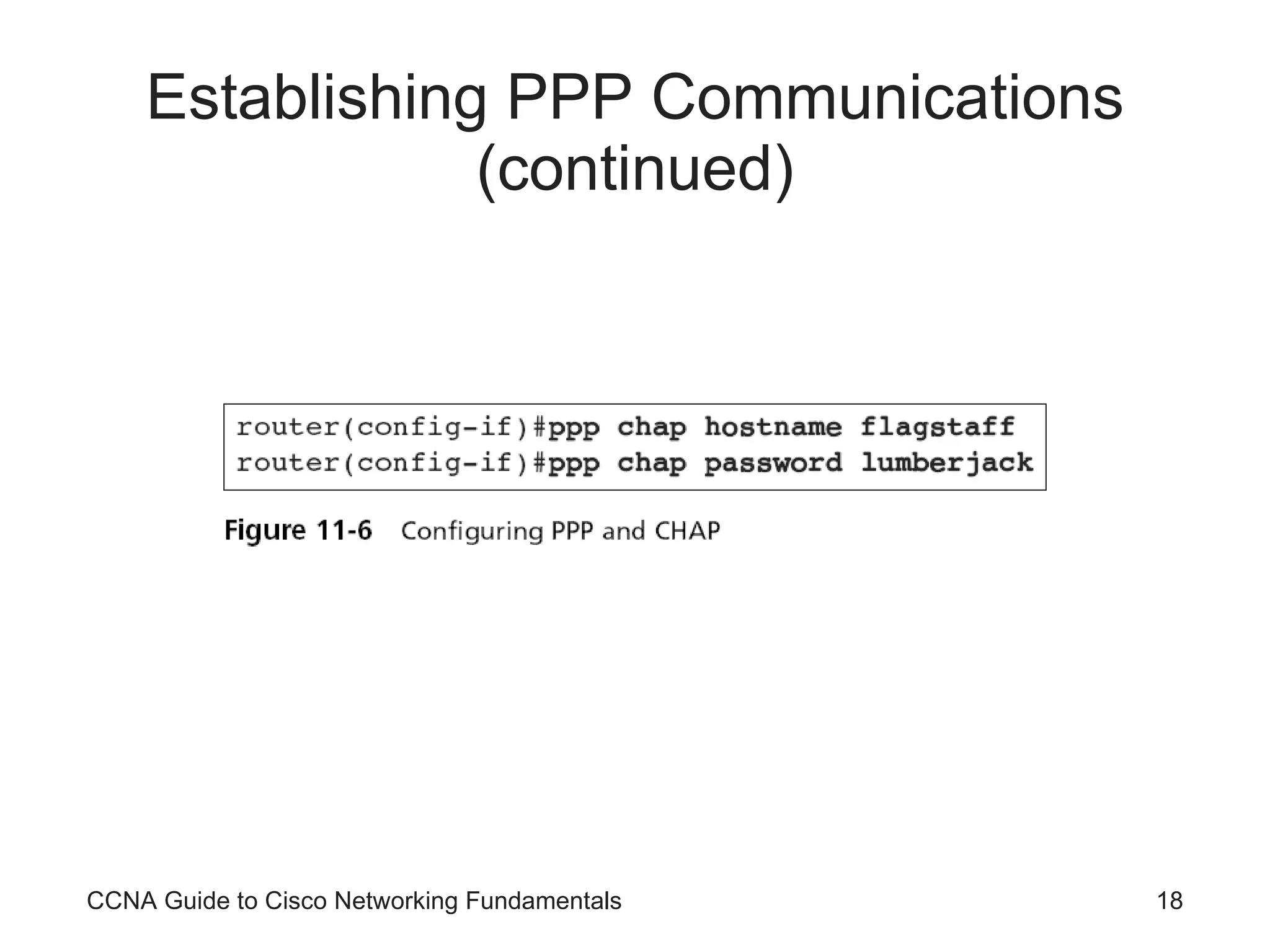 Establishing PPP Communications (continued) CCNA Guide to Cisco Networking Fundamentals 