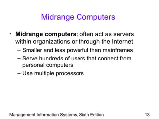 Midrange Computers

• Midrange computers: often act as servers
  within organizations or through the Internet
   – Smaller and less powerful than mainframes
   – Serve hundreds of users that connect from
     personal computers
   – Use multiple processors




Management Information Systems, Sixth Edition    13
 