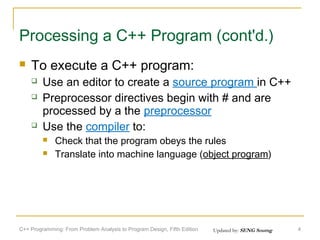 Processing a C++ Program (cont'd.)


To execute a C++ program:





Use an editor to create a source program in C++
Preprocessor directives begin with # and are
processed by a the preprocessor
Use the compiler to:



Check that the program obeys the rules
Translate into machine language (object program)

C++ Programming: From Problem Analysis to Program Design, Fifth Edition

Updated by: SENG Sourng

4

 