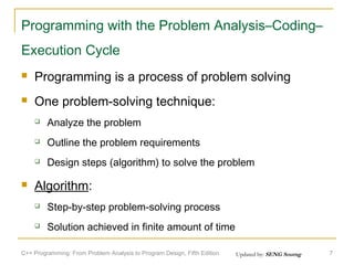 Programming with the Problem Analysis–Coding–
Execution Cycle


Programming is a process of problem solving



One problem-solving technique:



Outline the problem requirements





Analyze the problem

Design steps (algorithm) to solve the problem

Algorithm:


Step-by-step problem-solving process



Solution achieved in finite amount of time

C++ Programming: From Problem Analysis to Program Design, Fifth Edition

Updated by: SENG Sourng

7

 