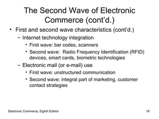 Electronic Commerce, Eighth Edition Electronic Commerce, Eighth Edition The Second Wave of Electronic Commerce (cont’d.) First and second wave characteristics (cont’d.) Internet technology integration First wave: bar codes, scanners Second wave:  Radio Frequency Identification (RFID) devices, smart cards, biometric technologies Electronic mail (or e-mail) use First wave: unstructured communication Second wave: integral part of marketing, customer contact strategies 
