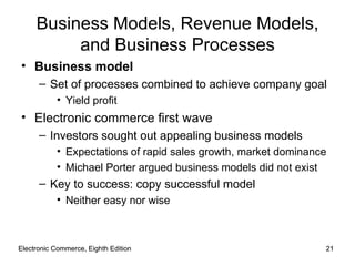 Electronic Commerce, Eighth Edition Electronic Commerce, Eighth Edition Business Models, Revenue Models, and Business Processes Business model Set of processes combined to achieve company goal Yield profit Electronic commerce first wave Investors sought out appealing business models Expectations of rapid sales growth, market dominance Michael Porter argued business models did not exist Key to success: copy successful model Neither easy nor wise 