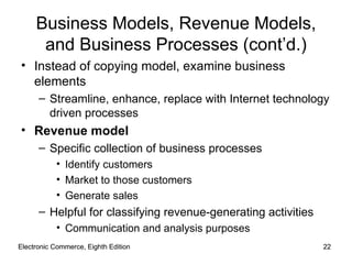 Electronic Commerce, Eighth Edition Electronic Commerce, Eighth Edition Business Models, Revenue Models, and Business Processes (cont’d.) Instead of copying model, examine business elements Streamline, enhance, replace with Internet technology driven processes Revenue model Specific collection of business processes Identify customers Market to those customers Generate sales Helpful for classifying revenue-generating activities Communication and analysis purposes 