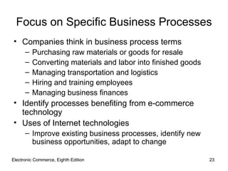 Electronic Commerce, Eighth Edition Electronic Commerce, Eighth Edition Focus on Specific Business Processes Companies think in business process terms Purchasing raw materials or goods for resale Converting materials and labor into finished goods Managing transportation and logistics Hiring and training employees Managing business finances Identify processes benefiting from e-commerce technology Uses of Internet technologies Improve existing business processes, identify new business opportunities, adapt to change 