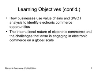 Electronic Commerce, Eighth Edition Electronic Commerce, Eighth Edition Learning Objectives (cont’d.) How businesses use value chains and SWOT  analysis to identify electronic commerce opportunities The international nature of electronic commerce and the challenges that arise in engaging in electronic commerce on a global scale 