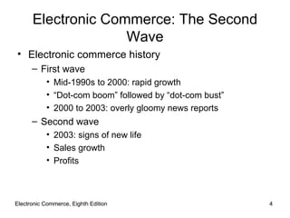 Electronic Commerce, Eighth Edition Electronic Commerce, Eighth Edition Electronic Commerce: The Second Wave Electronic commerce history First wave Mid-1990s to 2000: rapid growth “ Dot-com boom” followed by “dot-com bust” 2000 to 2003: overly gloomy news reports Second wave 2003: signs of new life Sales growth Profits 