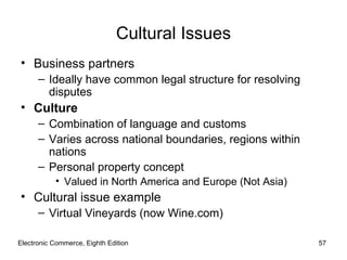 Electronic Commerce, Eighth Edition Cultural Issues Business partners Ideally have common legal structure for resolving disputes Culture Combination of language and customs Varies across national boundaries, regions within nations Personal property concept Valued in North America and Europe (Not Asia) Cultural issue example Virtual Vineyards (now Wine.com) 