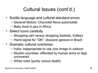 Electronic Commerce, Eighth Edition Cultural Issues (cont’d.) Subtle language and cultural standard errors General Motors’ Chevrolet Nova automobile Baby food in jars in Africa Select icons carefully Shopping cart versus shopping baskets, trolleys Hand signal for “OK”: obscene gesture in Brazil Dramatic cultural overtones India: inappropriate to use cow image in cartoon Muslim countries: offended by human arms or legs uncovered White color (purity versus death) 