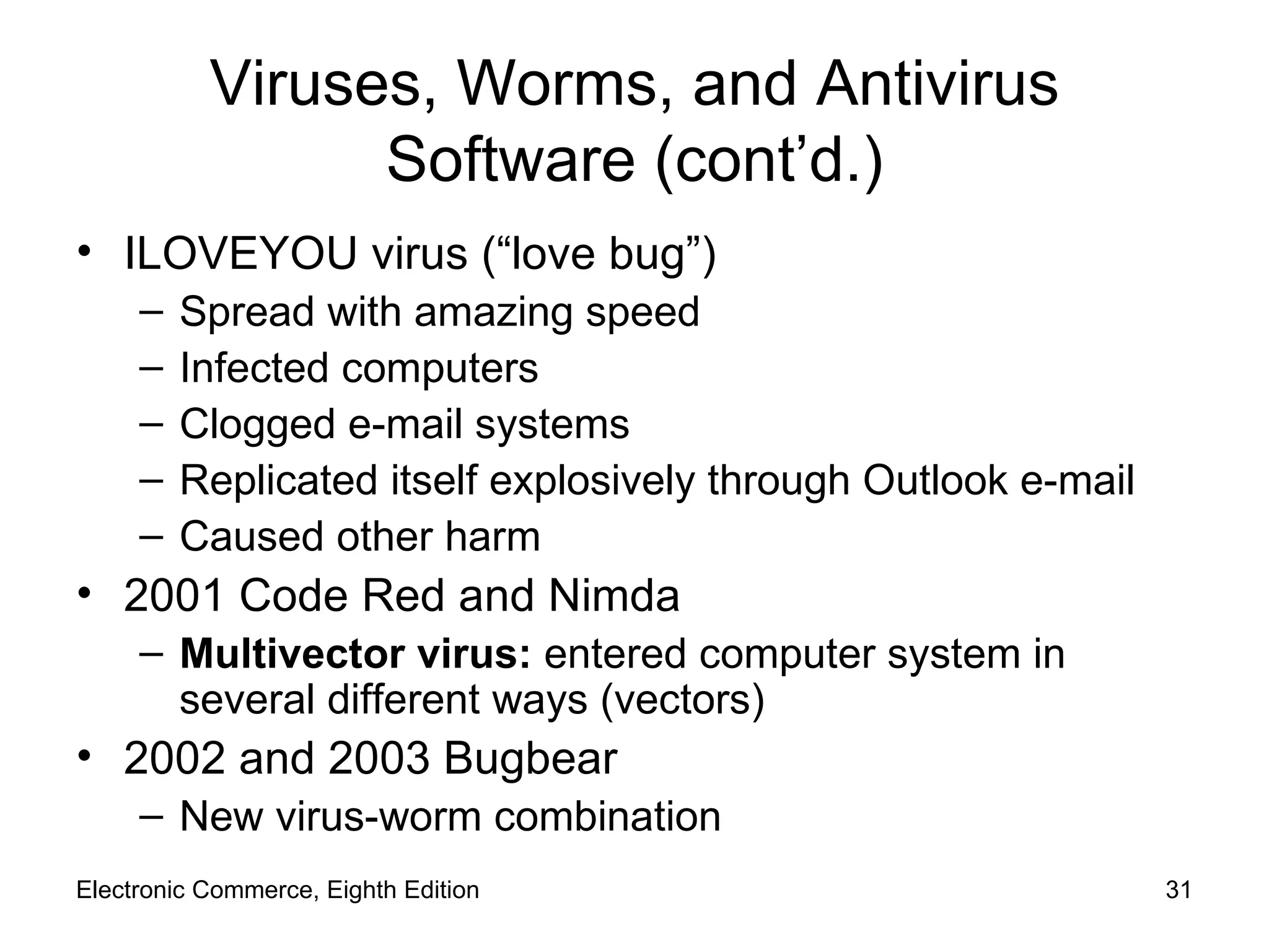 Viruses, Worms, and Antivirus Software (cont’d.) ILOVEYOU virus (“love bug”) Spread with amazing speed Infected computers Clogged e-mail systems Replicated itself explosively through Outlook e-mail Caused other harm 2001 Code Red and Nimda Multivector virus:  entered computer system in several different ways (vectors) 2002 and 2003 Bugbear New virus-worm combination Electronic Commerce, Eighth Edition 