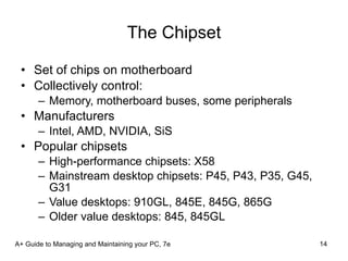The Chipset Set of chips on motherboard Collectively control: Memory, motherboard buses, some peripherals Manufacturers Intel, AMD, NVIDIA, SiS Popular chipsets High-performance chipsets: X58 Mainstream desktop chipsets: P45, P43, P35, G45, G31 Value desktops: 910GL, 845E, 845G, 865G Older value desktops: 845, 845GL A+ Guide to Managing and Maintaining your PC, 7e 